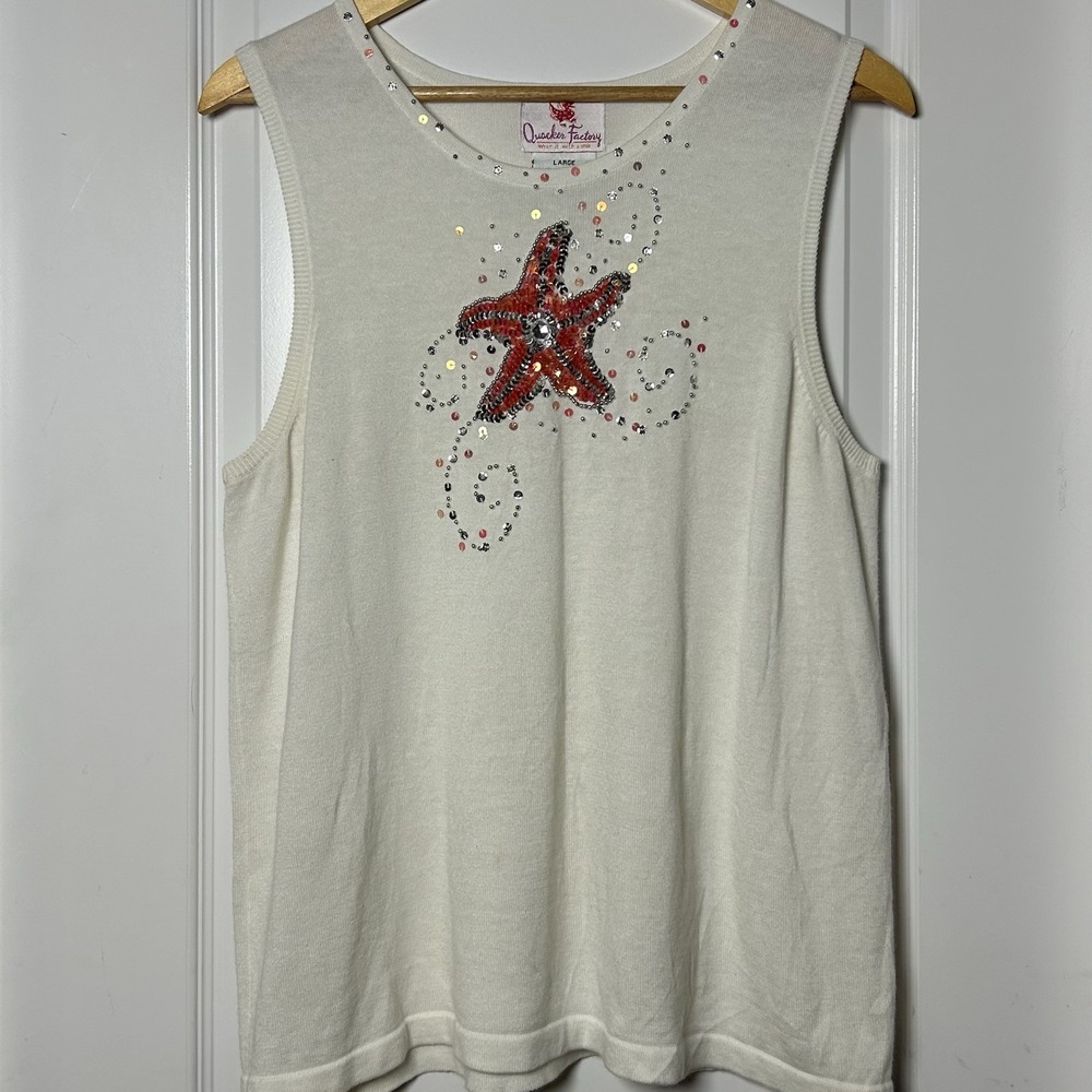 Quacker Factory White Sequin Starfish Tank Top Zara Larsson Y2K Maximalist Style
